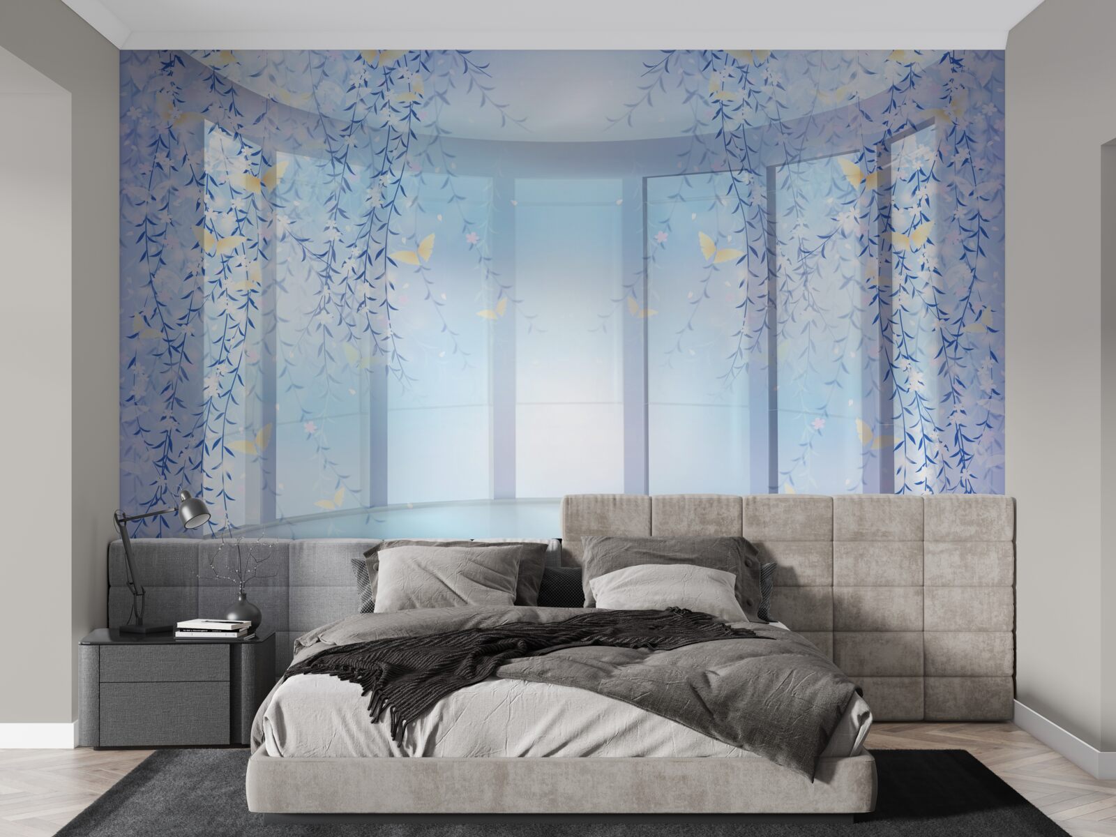 Fototapeta balkón s panoramatickým výhľadom v odtieňoch modrej