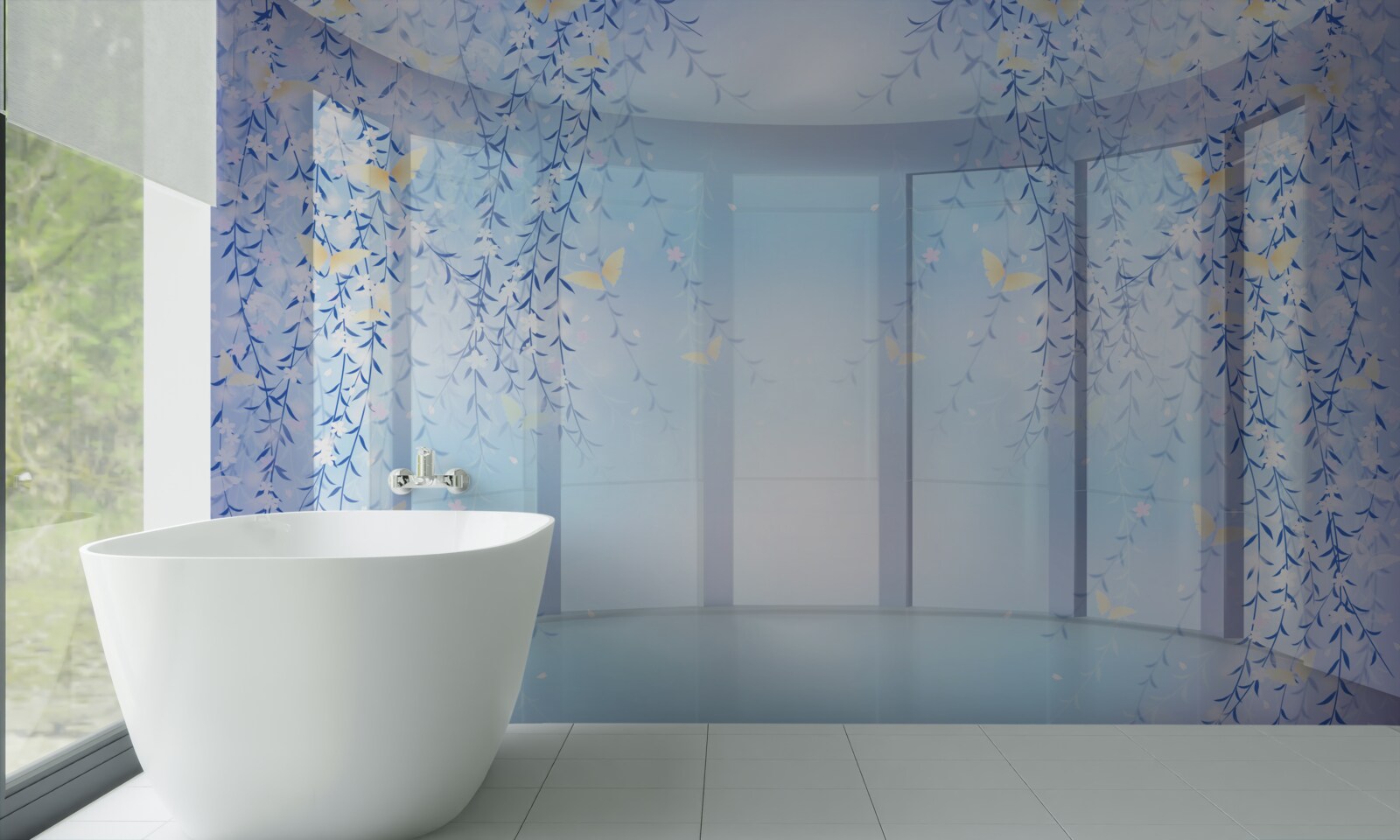 Fototapeta balkón s panoramatickým výhľadom v odtieňoch modrej