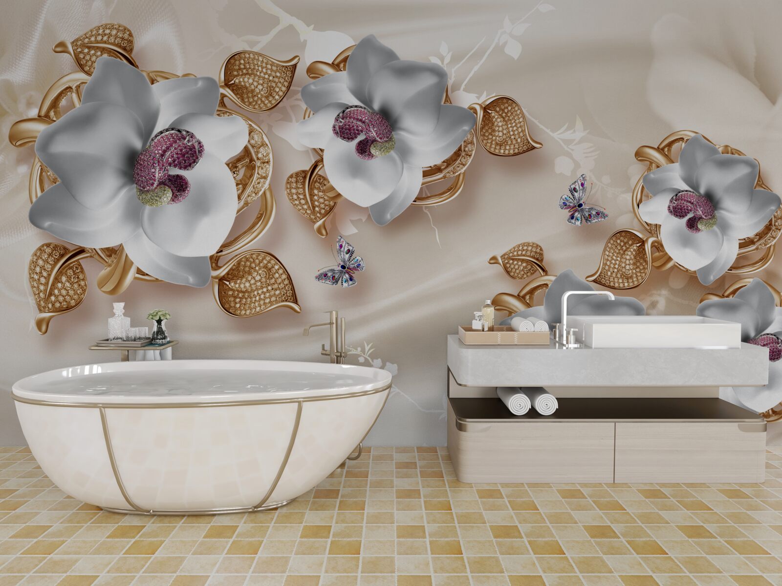 Fototapeta biela orchidea so zlatými listami