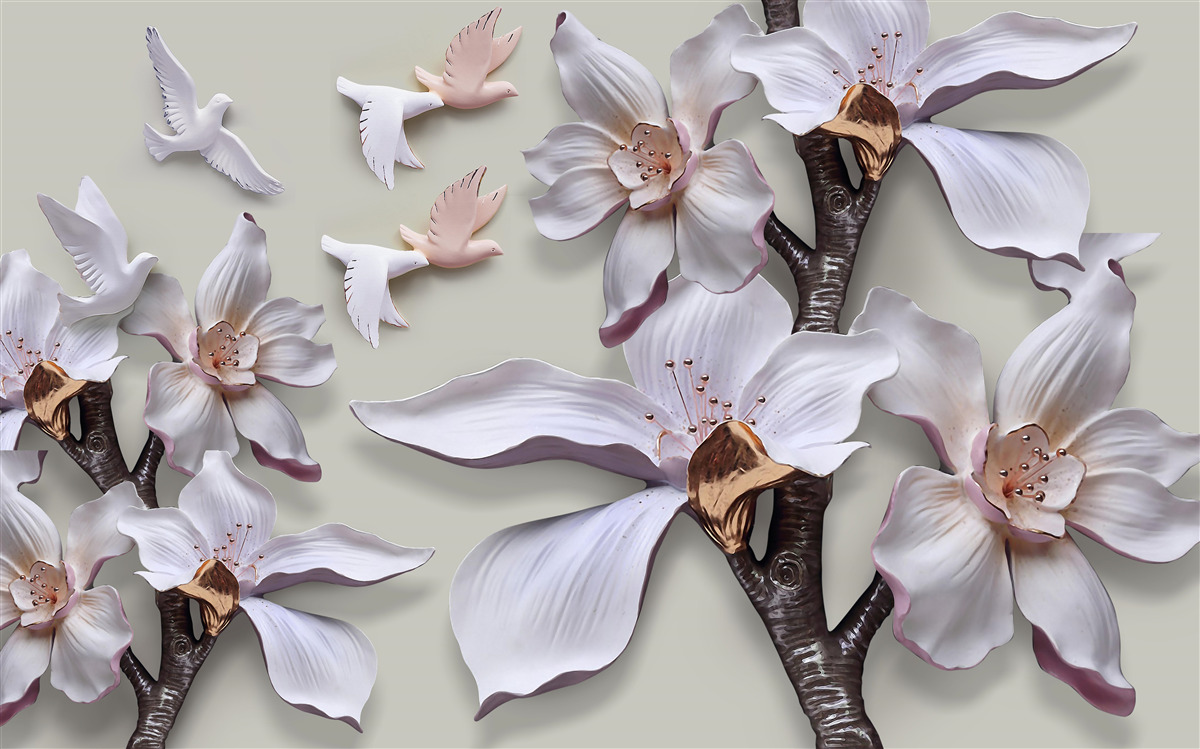 Fototapeta Snehobiele kvety a vtáky