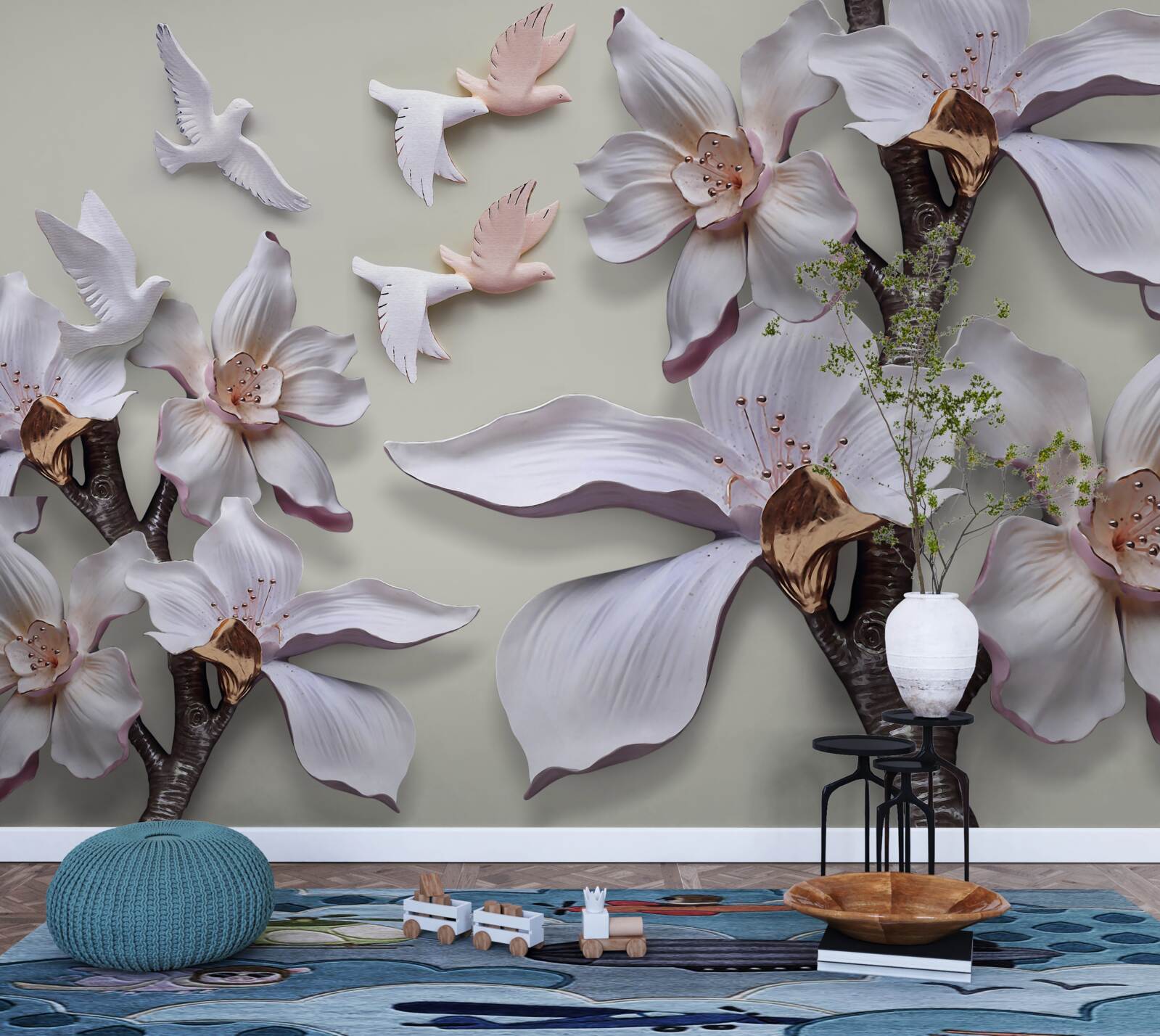 Fototapeta Snehobiele kvety a vtáky