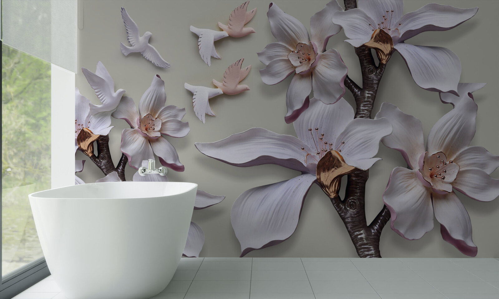 Fototapeta Snehobiele kvety a vtáky