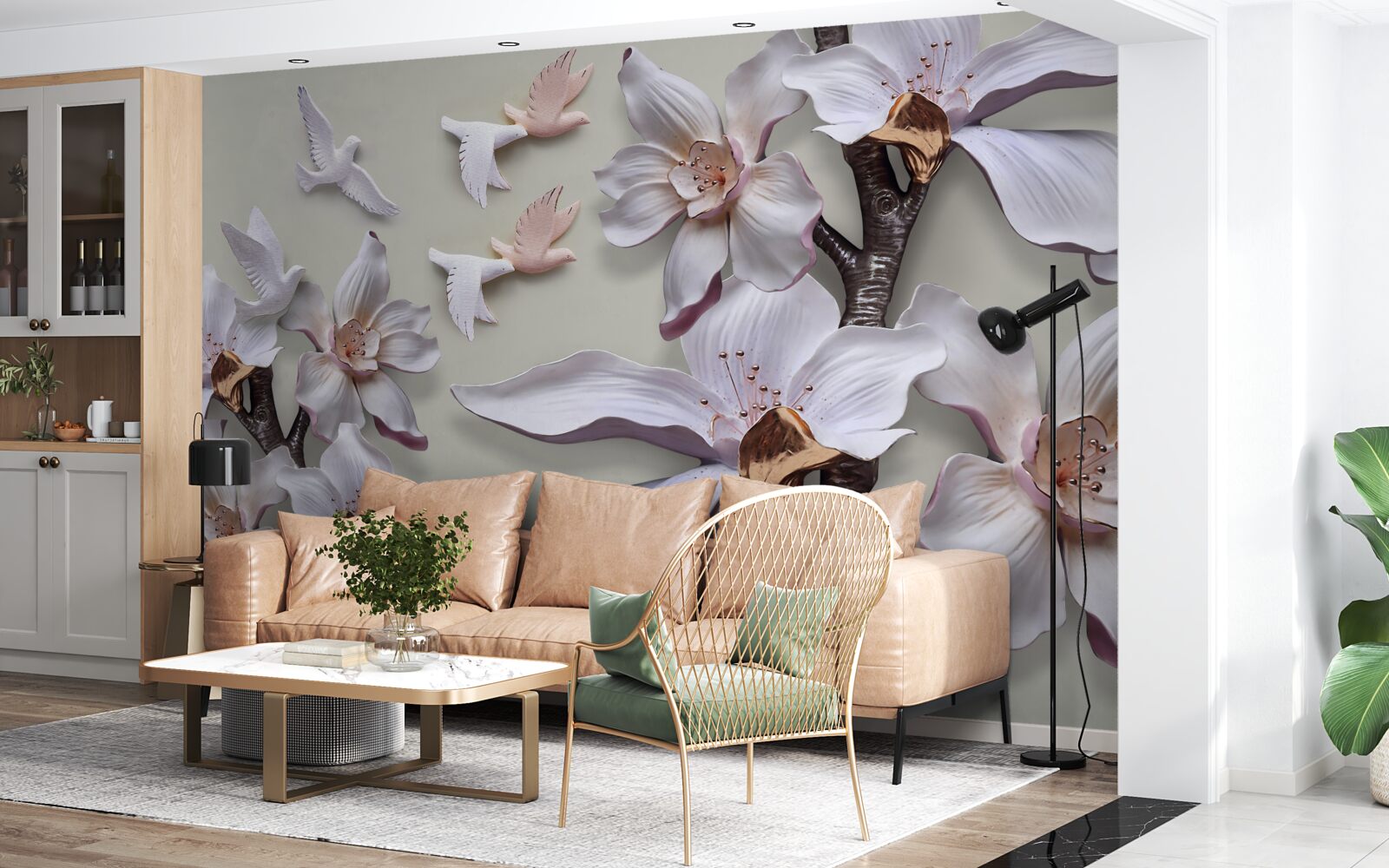 Fototapeta Snehobiele kvety a vtáky