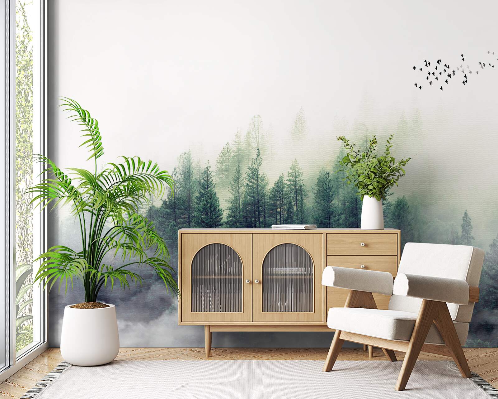 Fototapeta les pod vtákmi je pokrytý hmlou