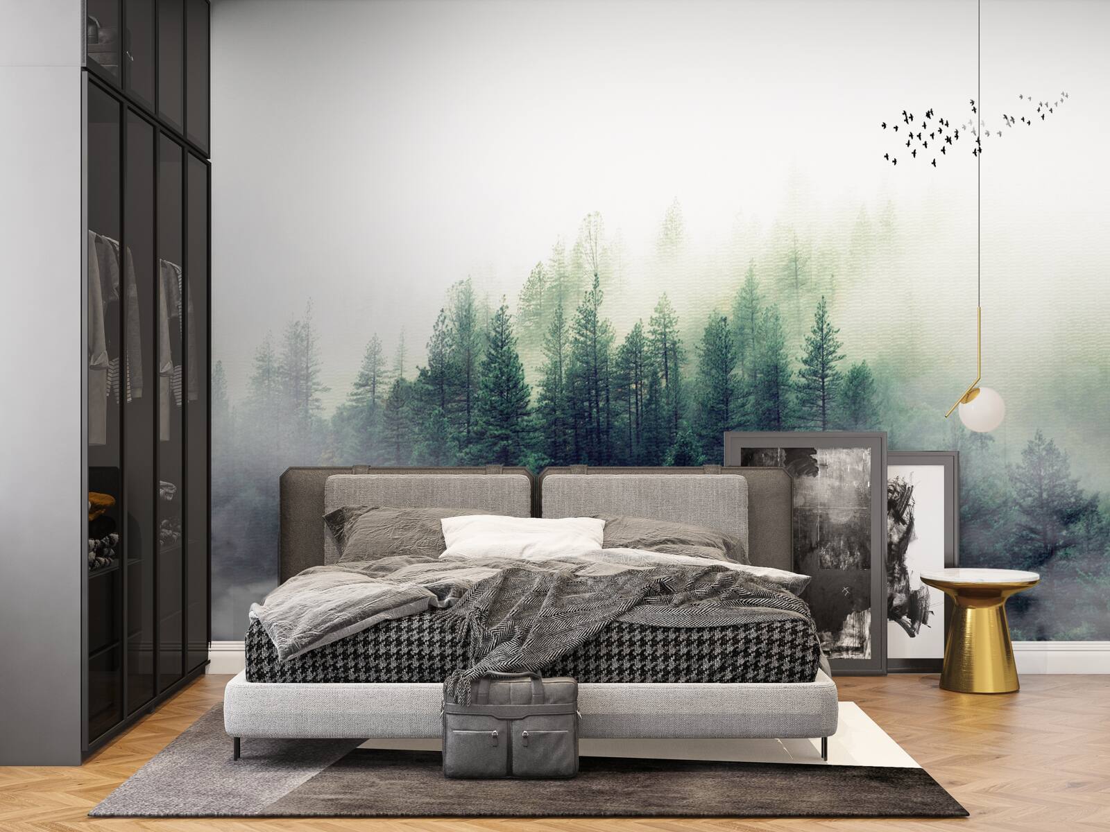 Fototapeta les pod vtákmi je pokrytý hmlou