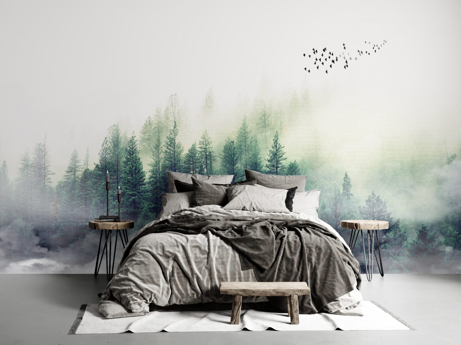 Fototapeta les pod vtákmi je pokrytý hmlou