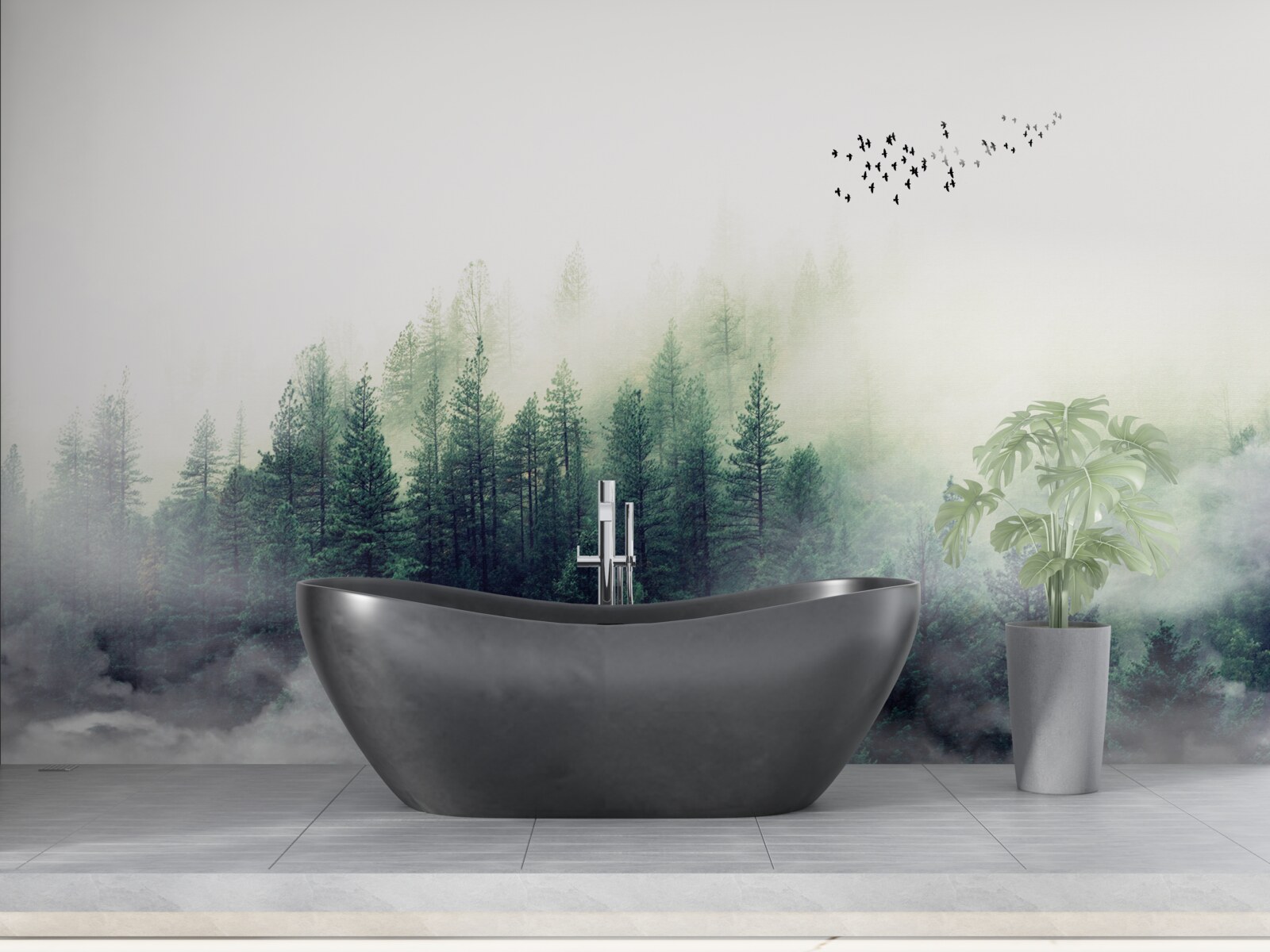 Fototapeta les pod vtákmi je pokrytý hmlou