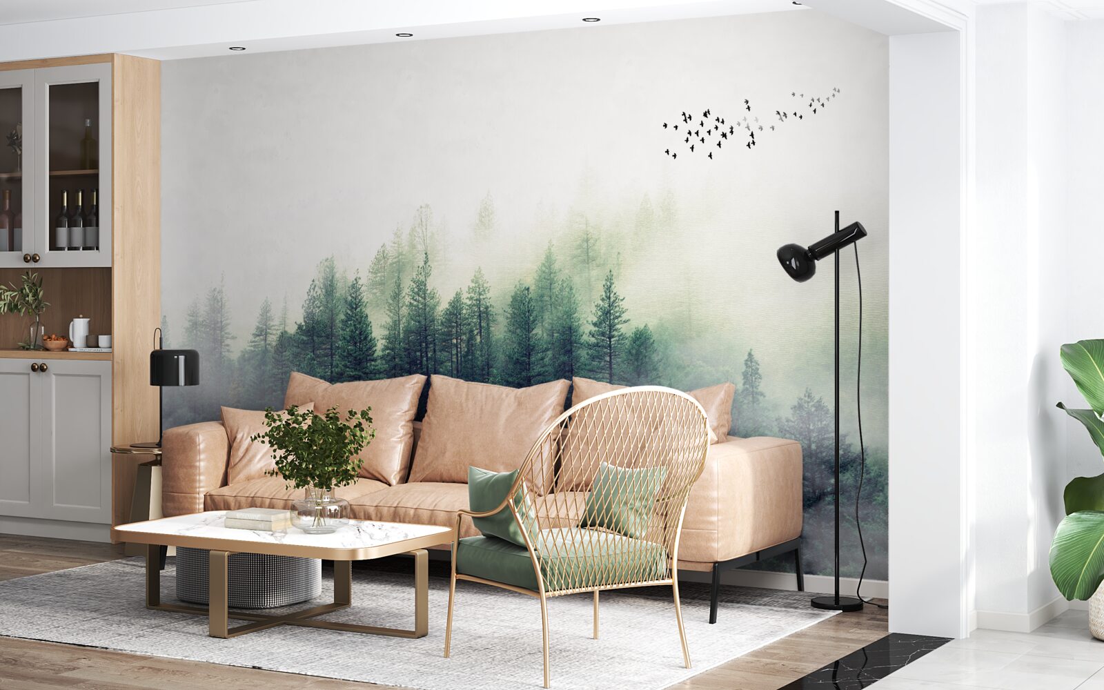 Fototapeta les pod vtákmi je pokrytý hmlou