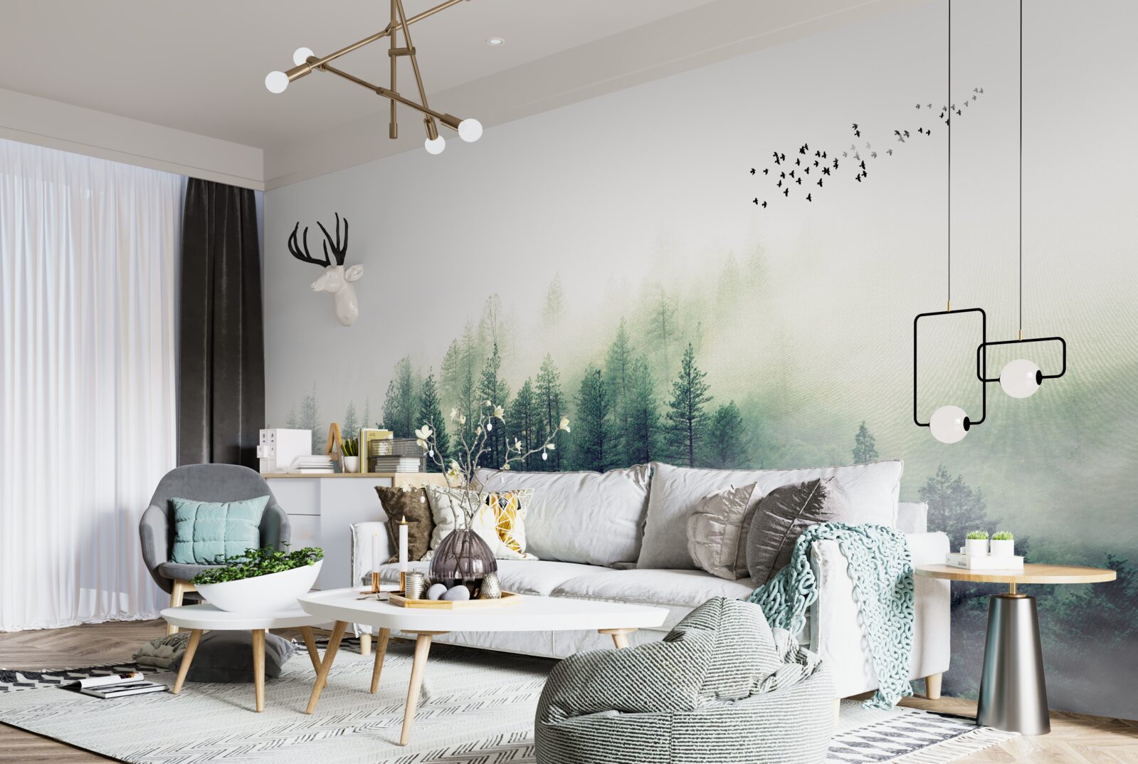 Fototapeta les pod vtákmi je pokrytý hmlou