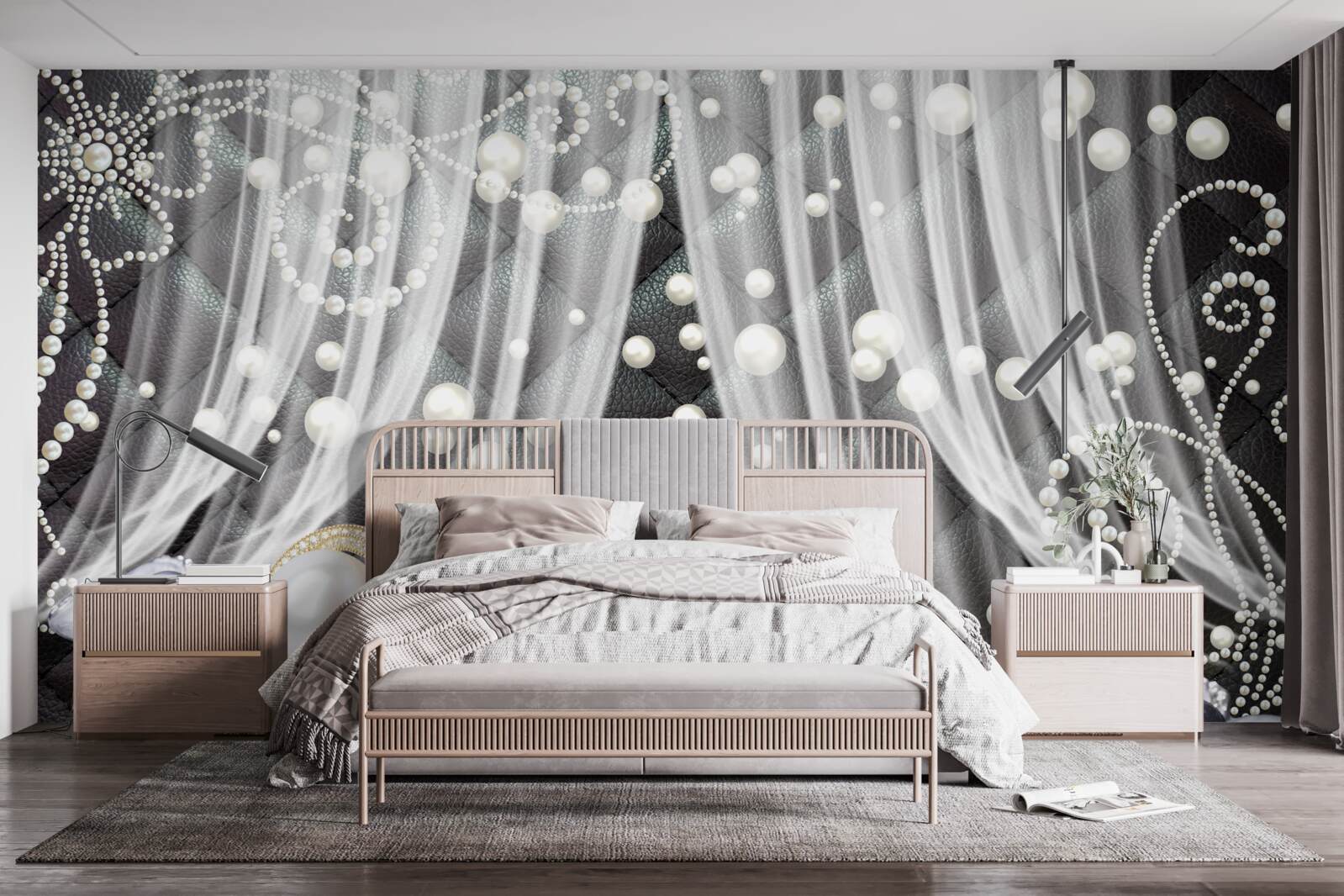 Fototapeta zlaté dekorácie a biele závesy