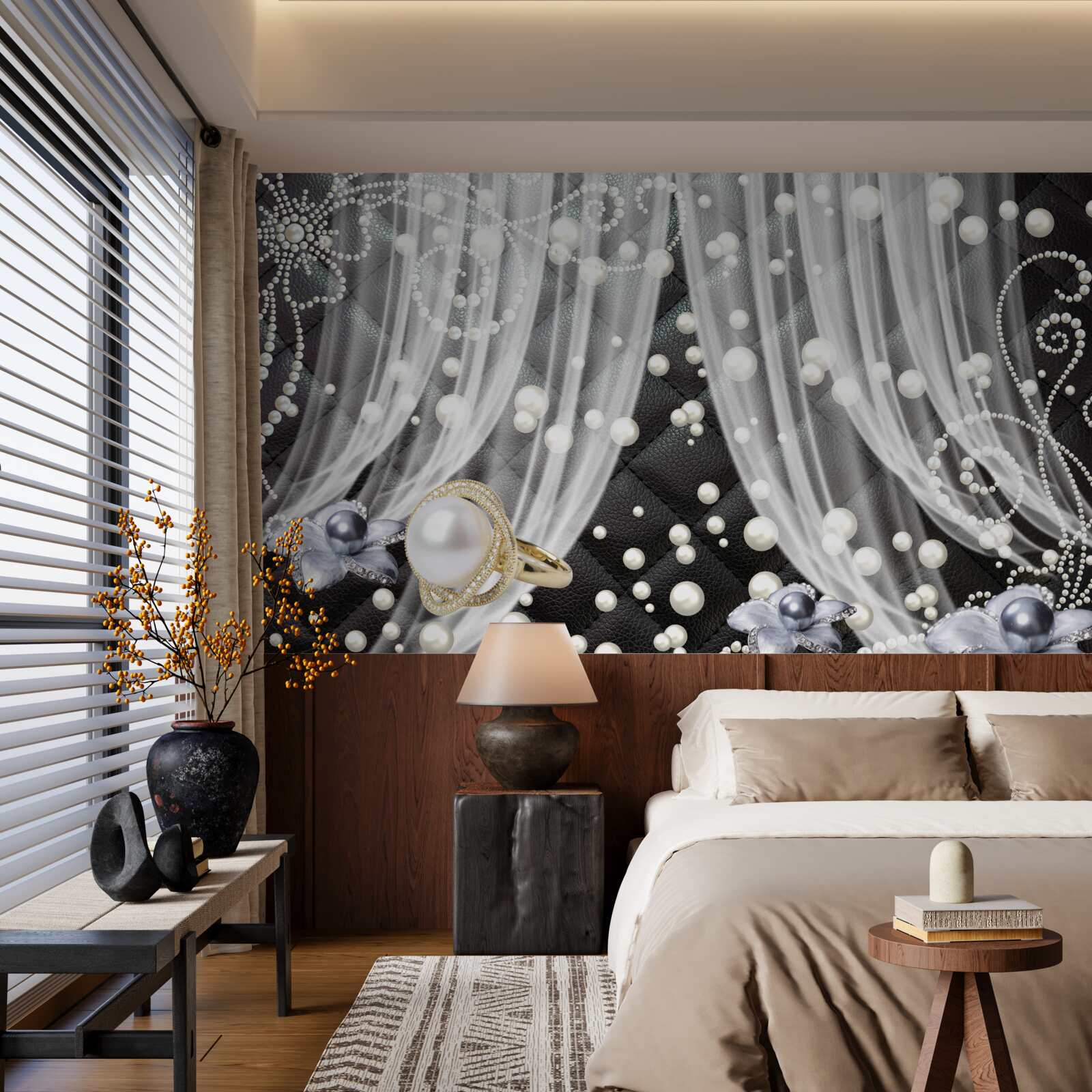 Fototapeta zlaté dekorácie a biele závesy