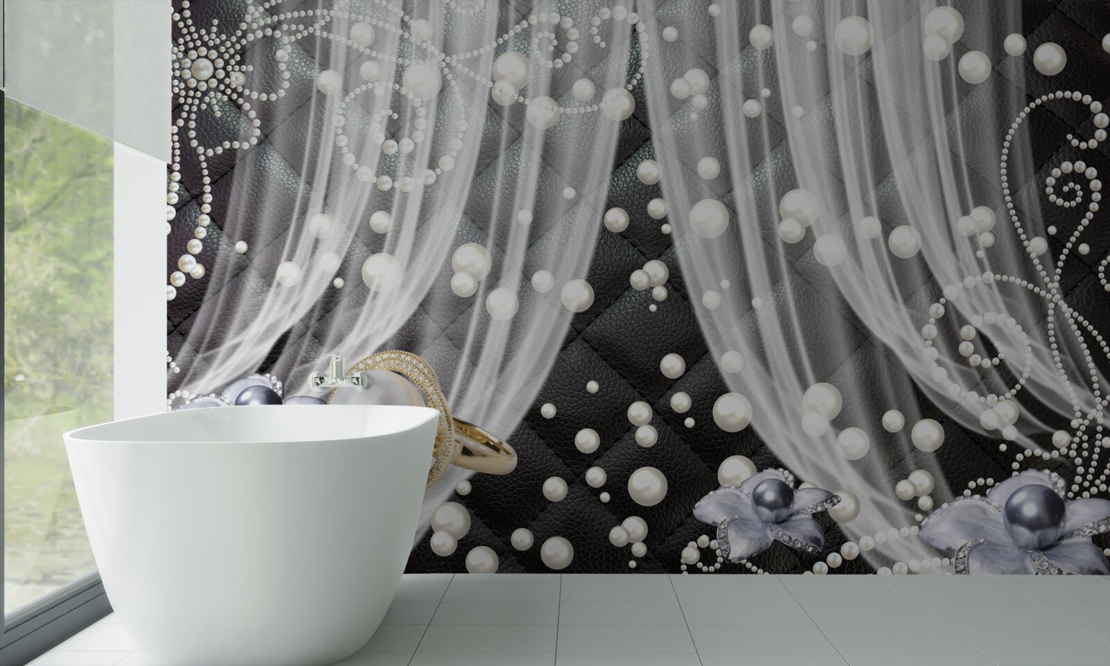 Fototapeta zlaté dekorácie a biele závesy