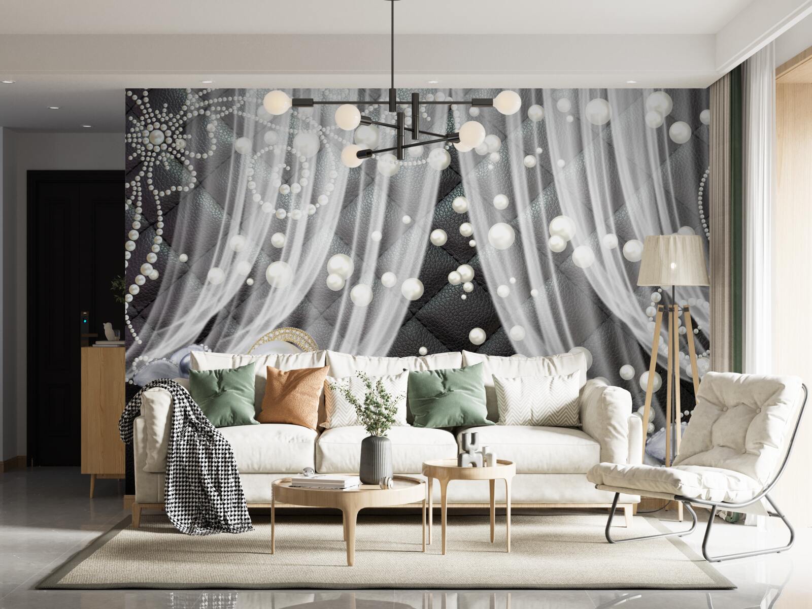 Fototapeta zlaté dekorácie a biele závesy