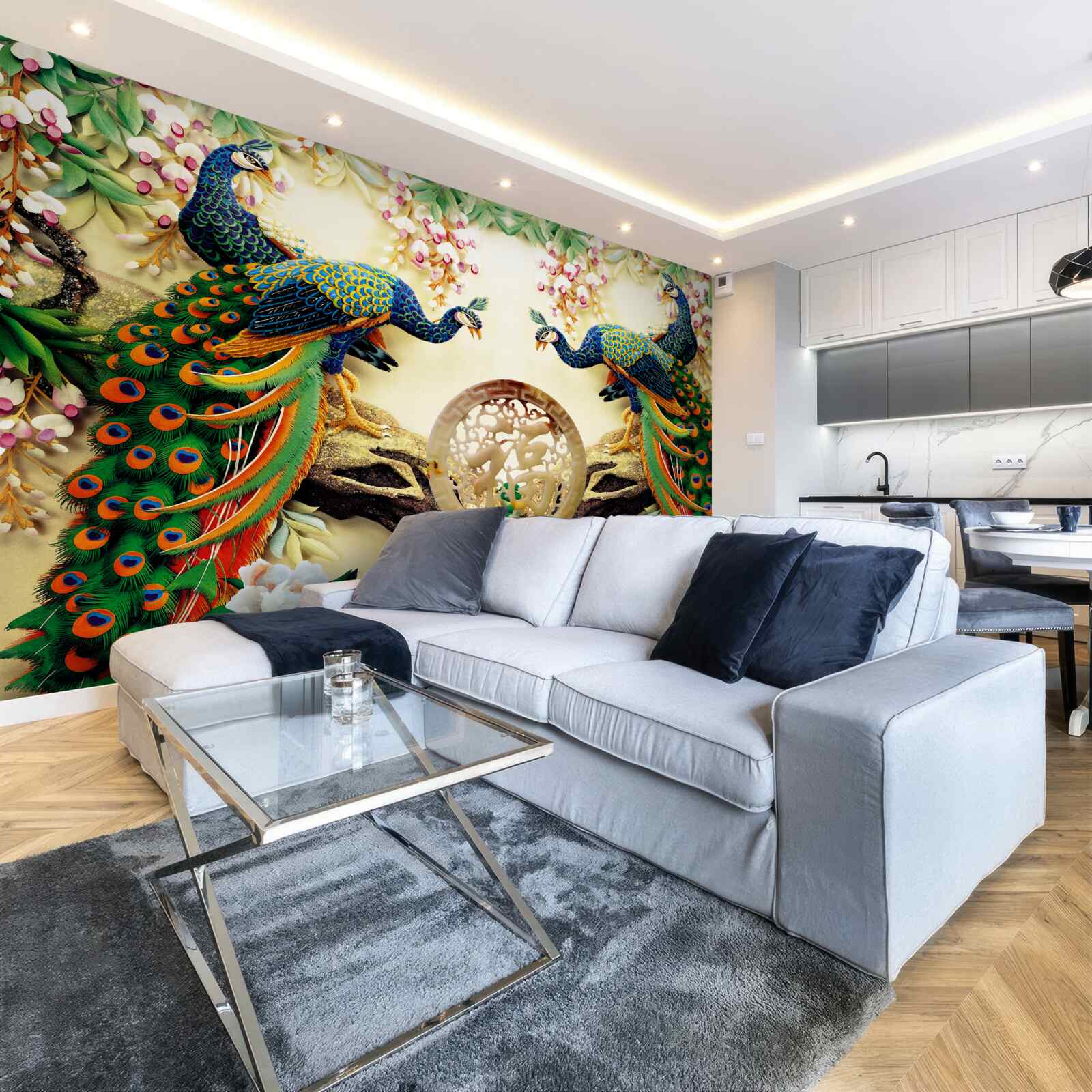 Fototapeta nádherné pávy radi odpočívajú na strome ozdobenom kvetmi