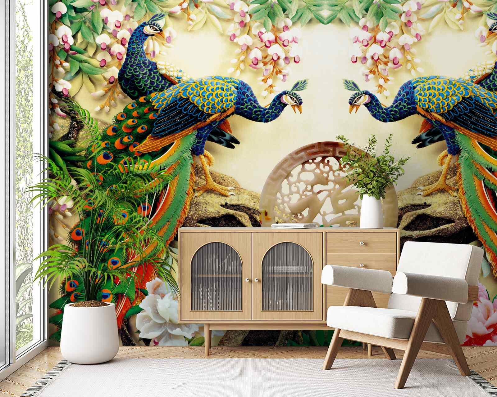 Fototapeta nádherné pávy radi odpočívajú na strome ozdobenom kvetmi