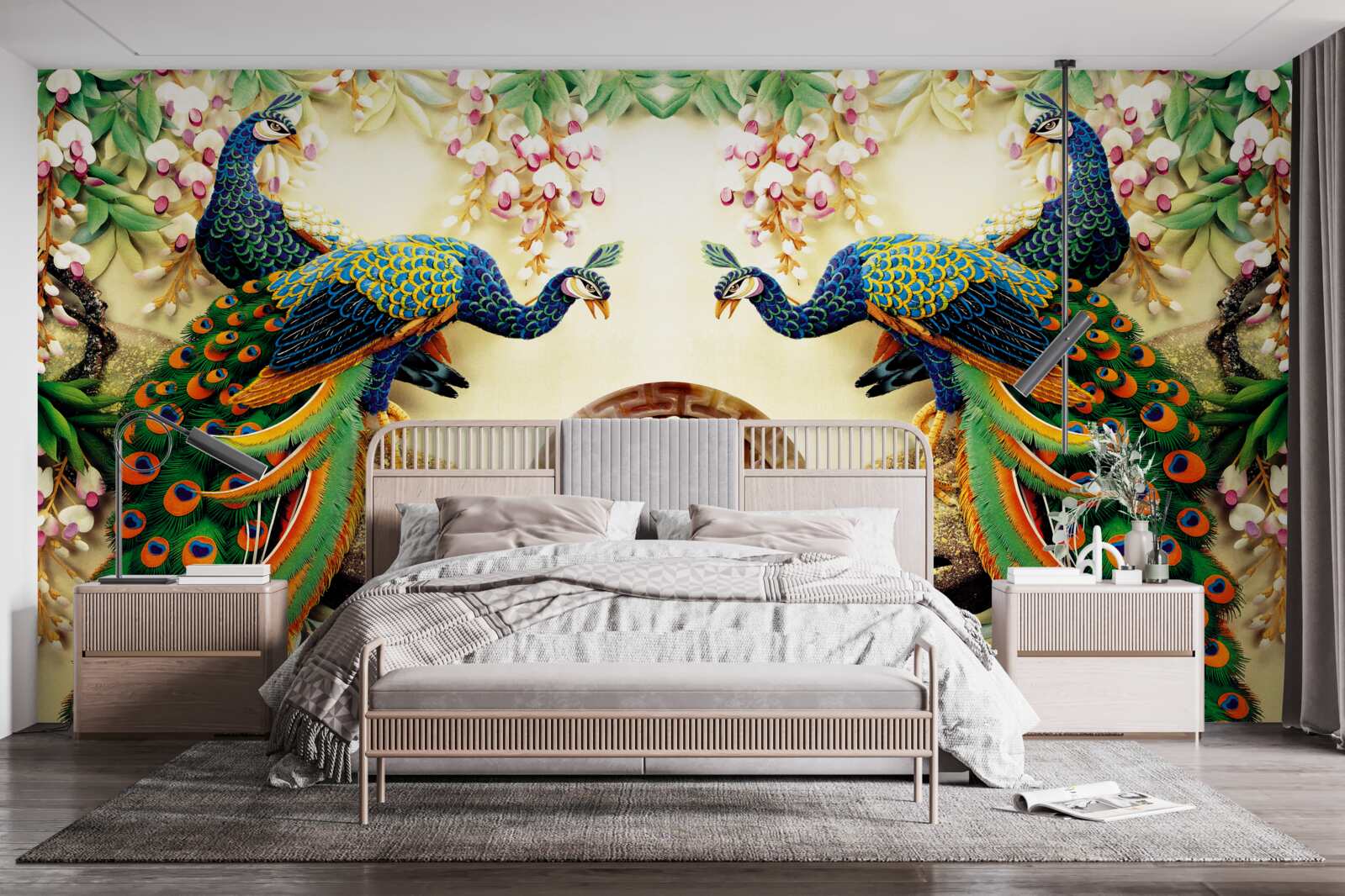 Fototapeta nádherné pávy radi odpočívajú na strome ozdobenom kvetmi