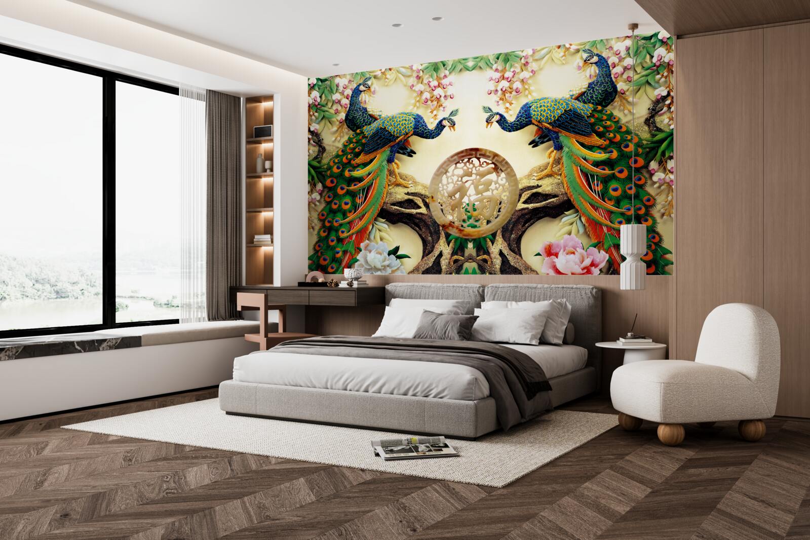 Fototapeta nádherné pávy radi odpočívajú na strome ozdobenom kvetmi