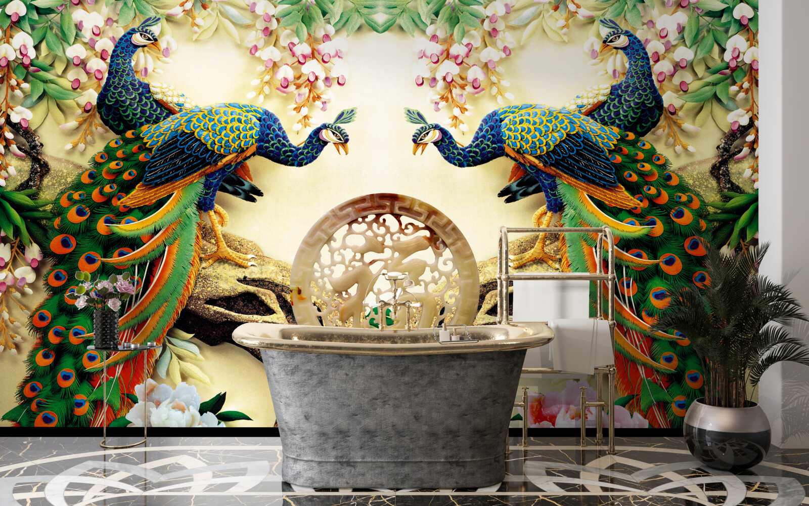 Fototapeta nádherné pávy radi odpočívajú na strome ozdobenom kvetmi