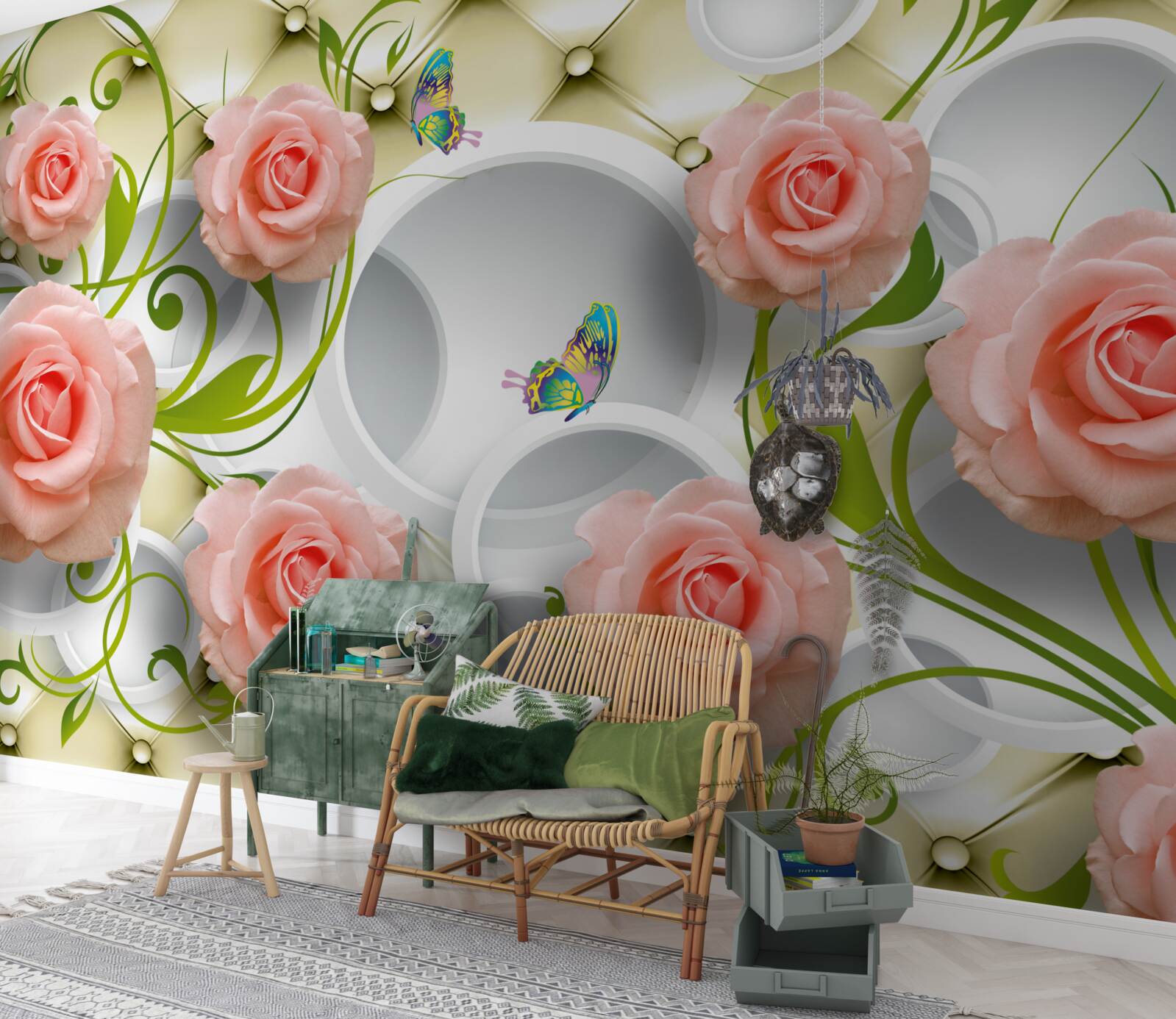 Fototapeta Na béžovom podklade je na konáriku ružová ruža