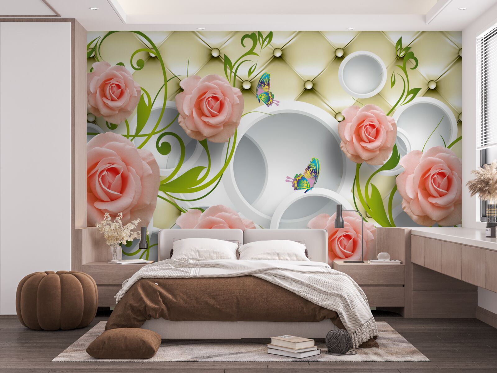 Fototapeta Na béžovom podklade je na konáriku ružová ruža