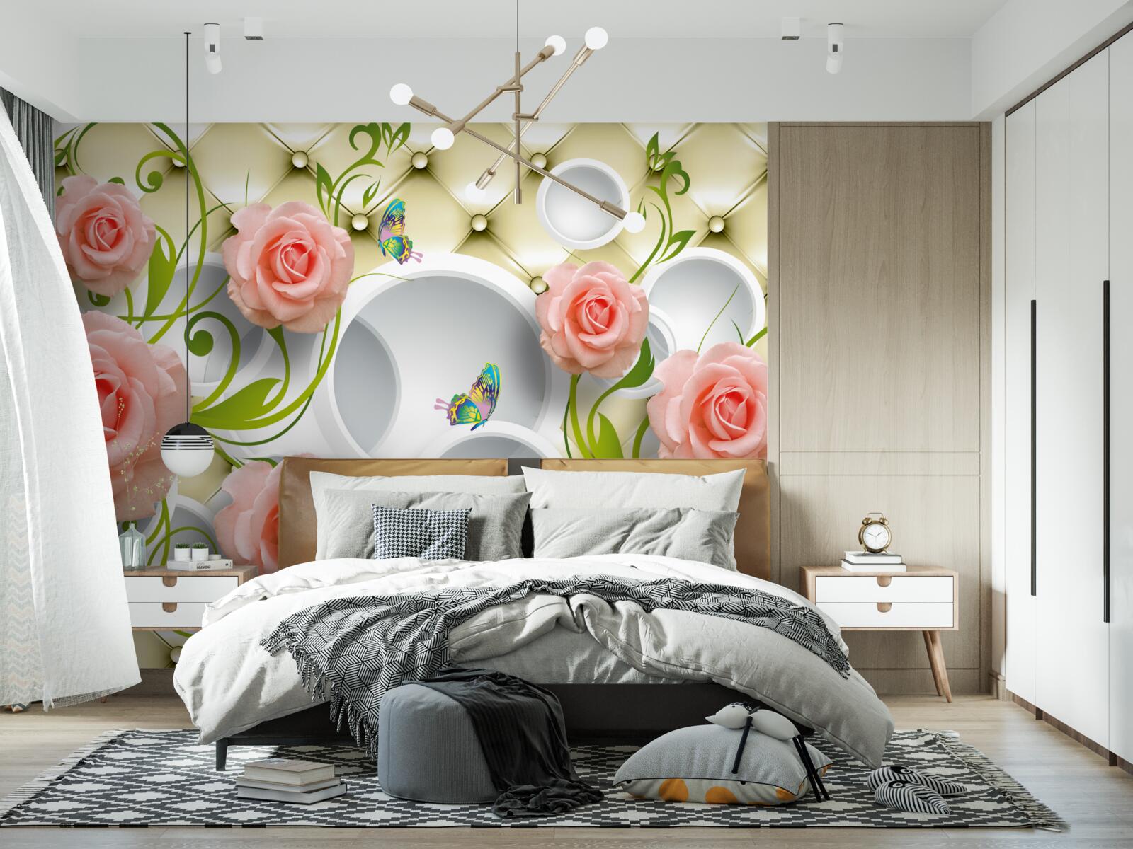 Fototapeta Na béžovom podklade je na konáriku ružová ruža