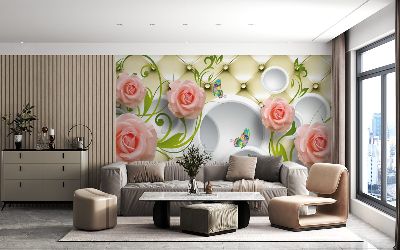 Fototapeta Na béžovom podklade je na konáriku ružová ruža