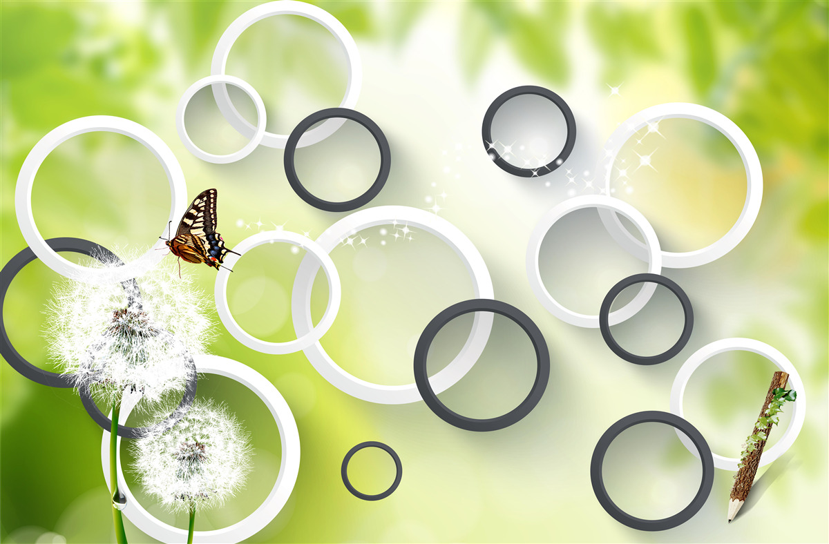 Fototapeta na pozadí zelenej vegetácie môžete vidieť biele púpavy a nepokojné motýle