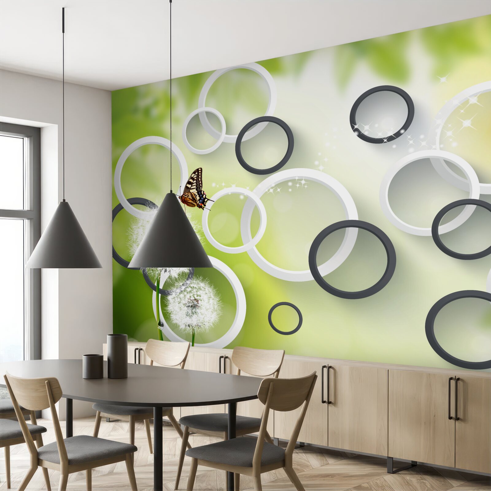 Fototapeta na pozadí zelenej vegetácie môžete vidieť biele púpavy a nepokojné motýle