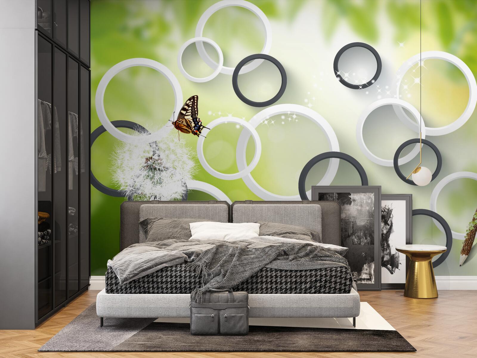 Fototapeta na pozadí zelenej vegetácie môžete vidieť biele púpavy a nepokojné motýle