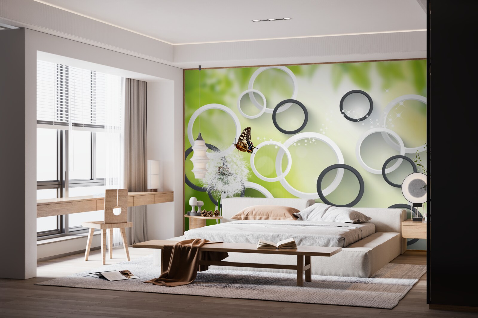 Fototapeta na pozadí zelenej vegetácie môžete vidieť biele púpavy a nepokojné motýle