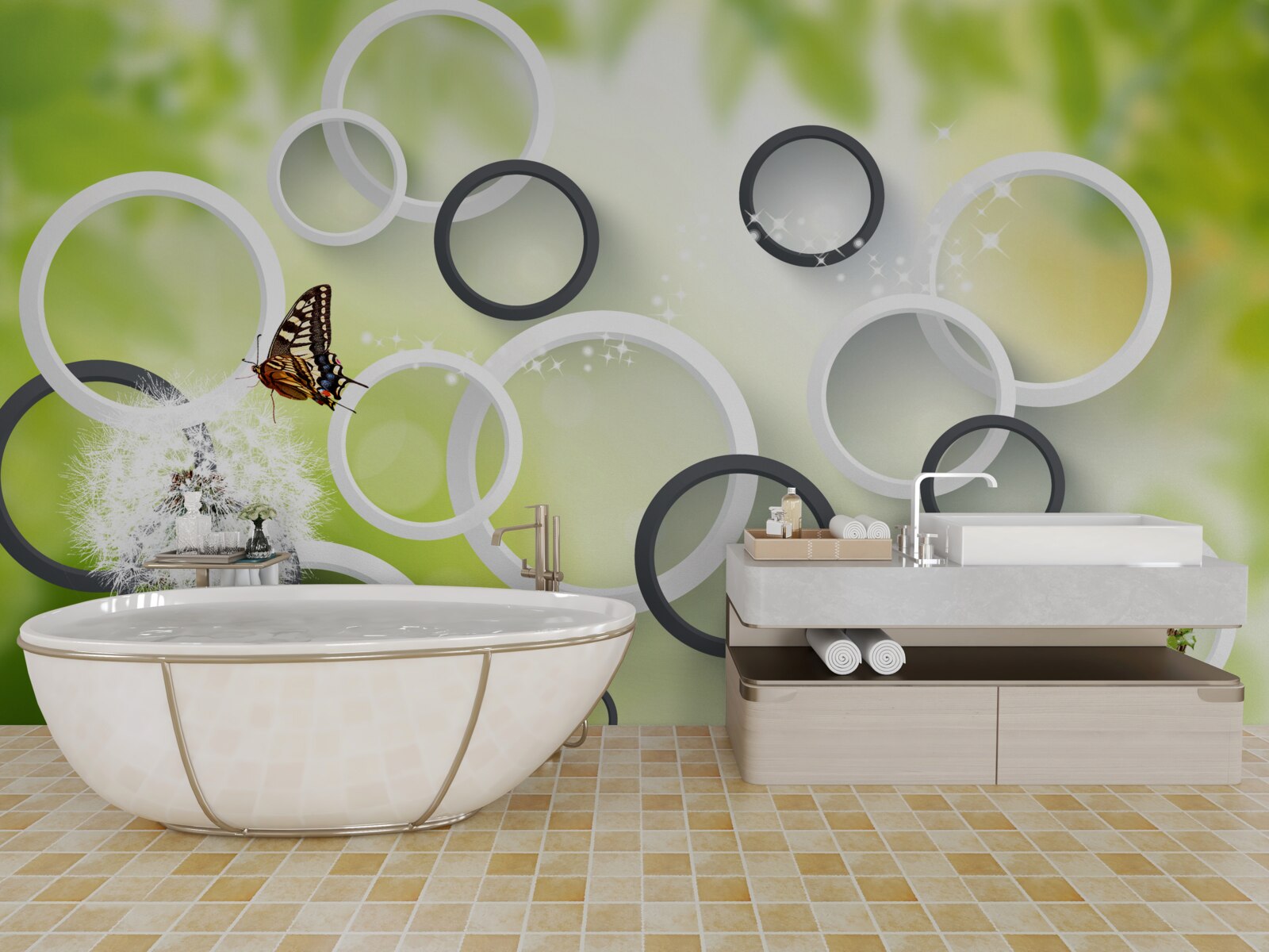 Fototapeta na pozadí zelenej vegetácie môžete vidieť biele púpavy a nepokojné motýle