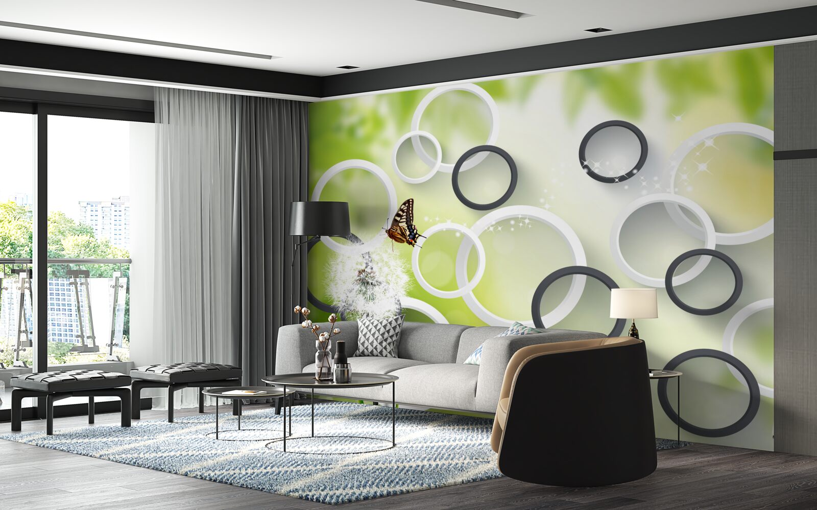 Fototapeta na pozadí zelenej vegetácie môžete vidieť biele púpavy a nepokojné motýle