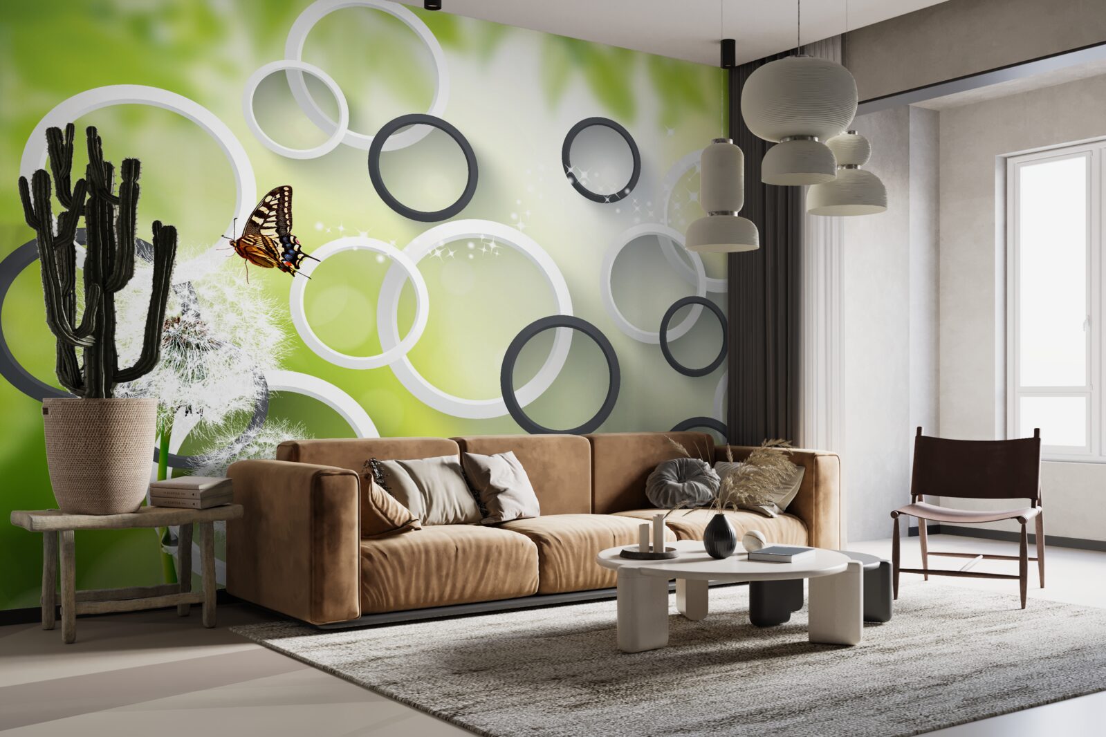 Fototapeta na pozadí zelenej vegetácie môžete vidieť biele púpavy a nepokojné motýle