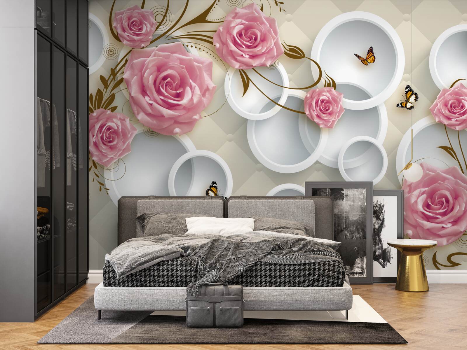 Fototapeta na geometrickom pozadí jemná ruža v ružovom kríku