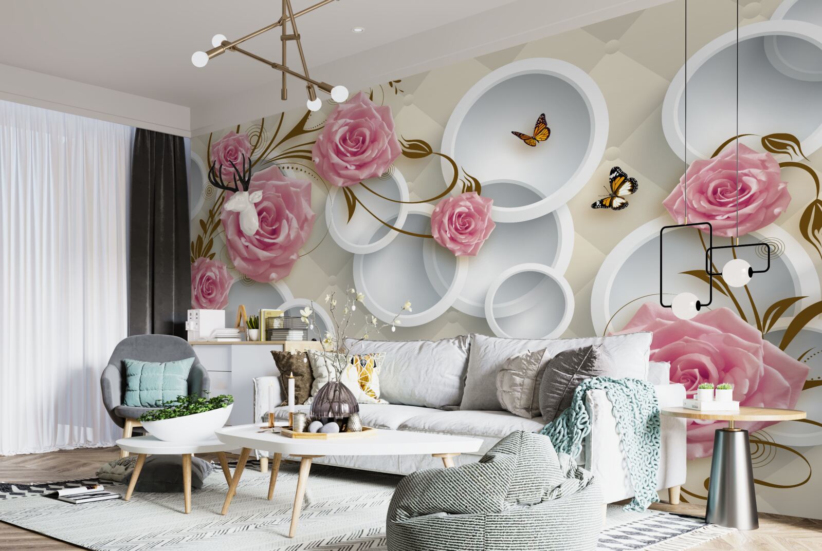 Fototapeta na geometrickom pozadí jemná ruža v ružovom kríku