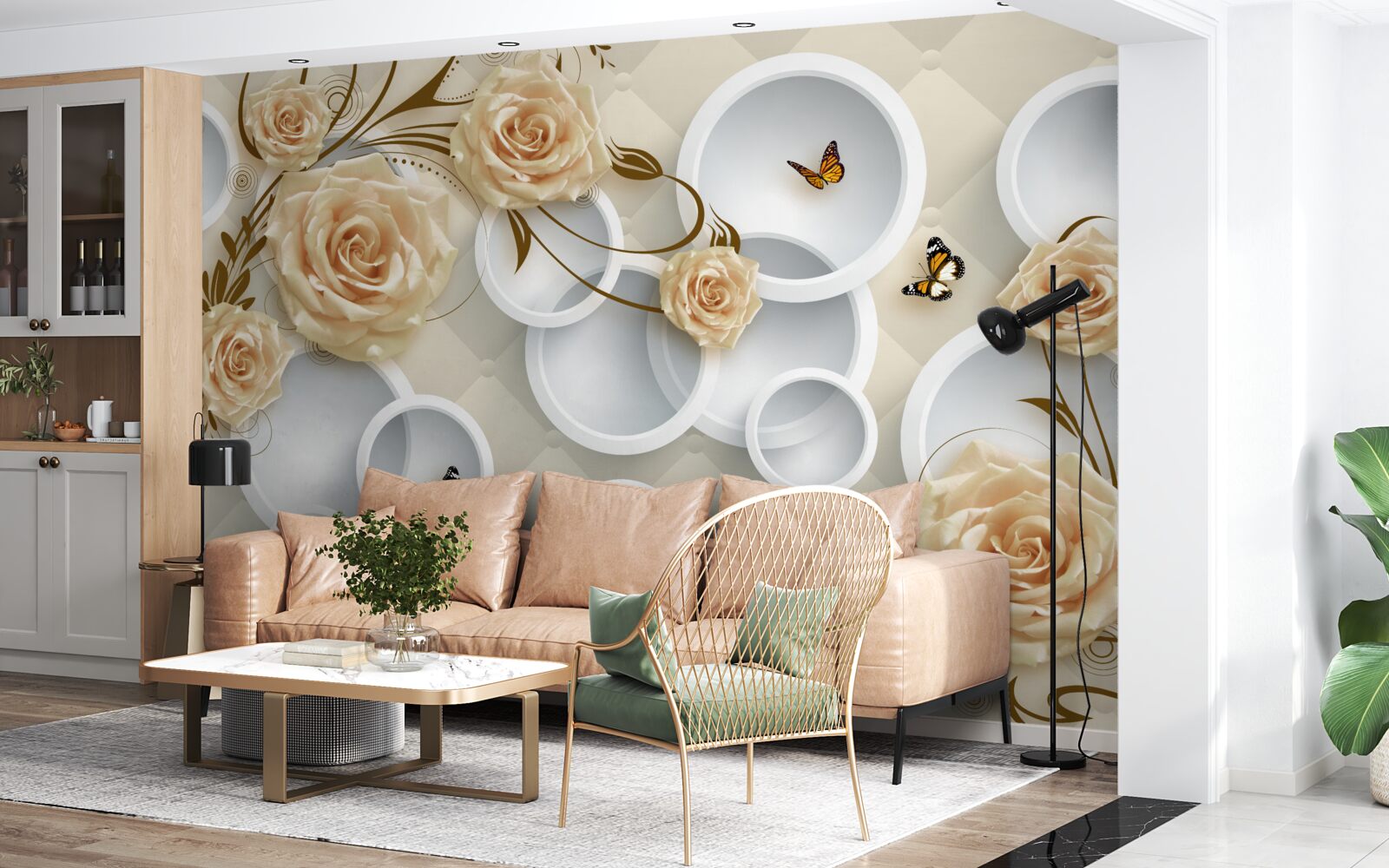 Fototapeta ružové bronzové vetvičky s ozdobným zlatým zdobením