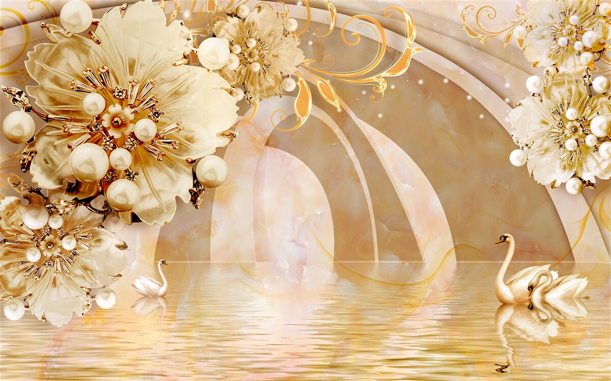 Fototapeta zlatom žiariace jazero, v ktorom plávajú labute a rastú kvety