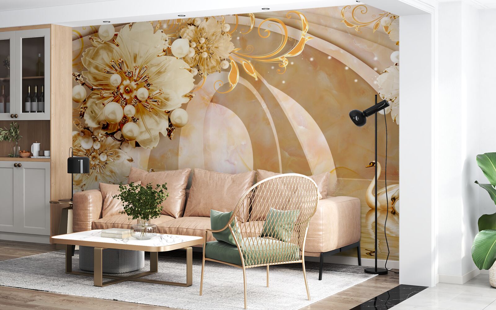 Fototapeta zlatom žiariace jazero, v ktorom plávajú labute a rastú kvety