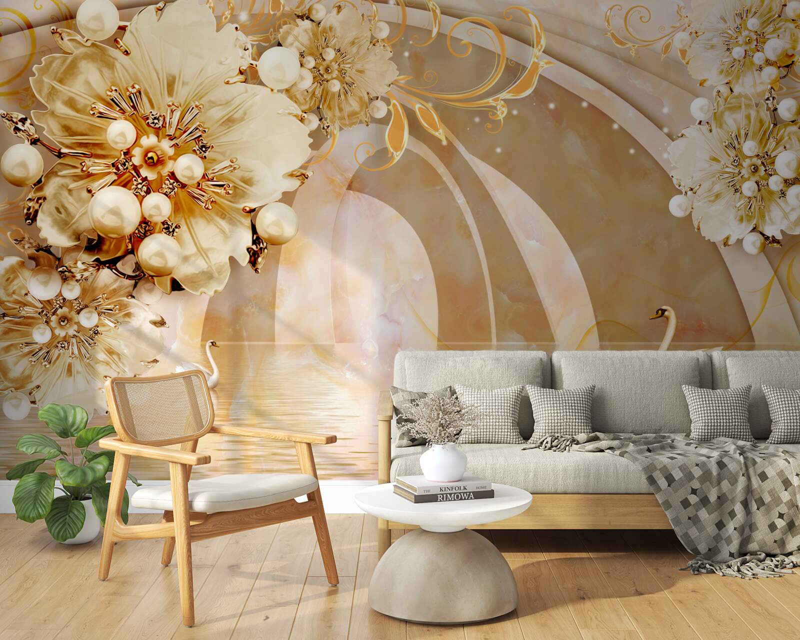 Fototapeta zlatom žiariace jazero, v ktorom plávajú labute a rastú kvety