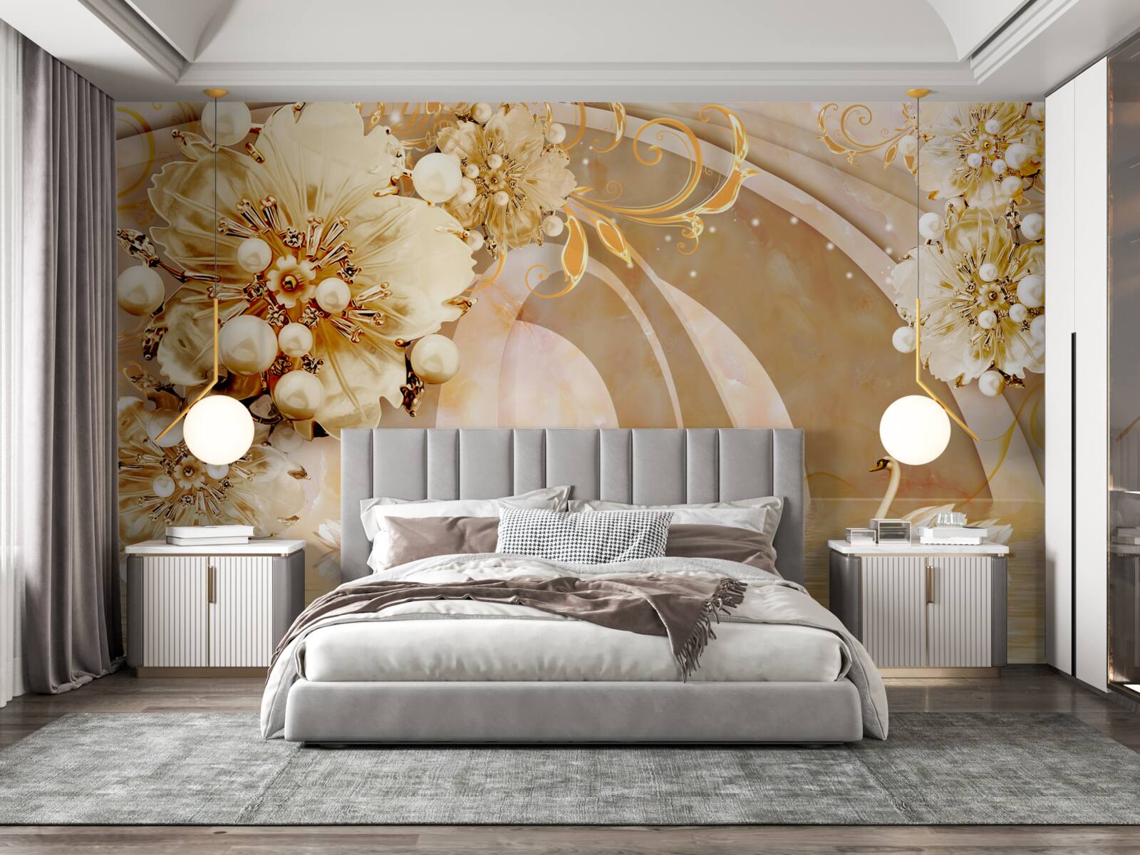 Fototapeta zlatom žiariace jazero, v ktorom plávajú labute a rastú kvety