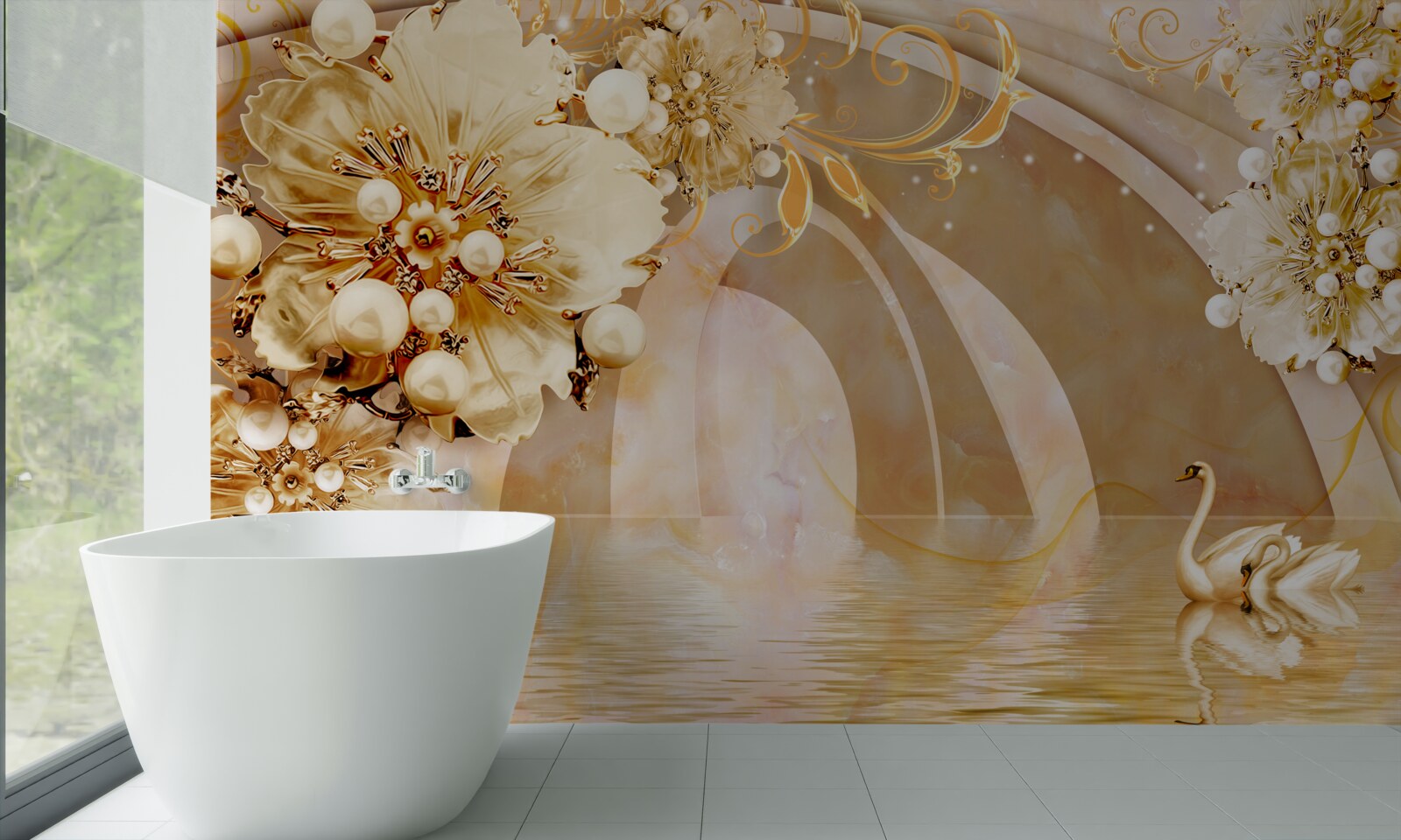 Fototapeta zlatom žiariace jazero, v ktorom plávajú labute a rastú kvety