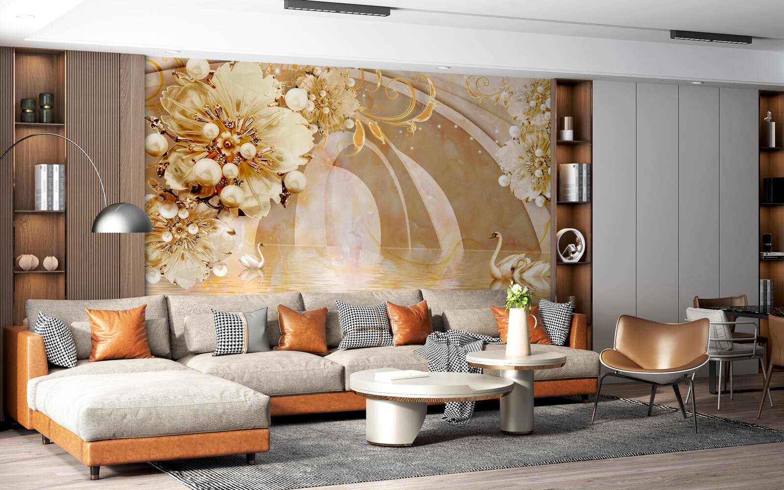 Fototapeta zlatom žiariace jazero, v ktorom plávajú labute a rastú kvety