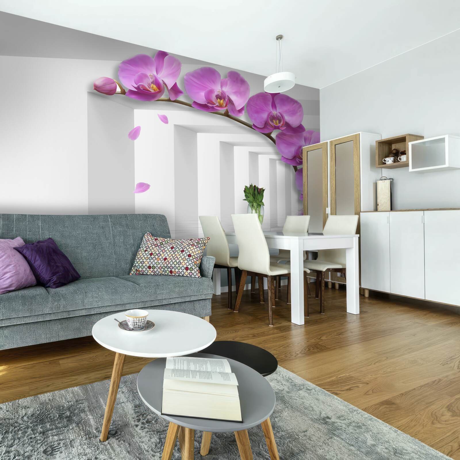 Fototapeta orgovánová orchidea na konári obklopená bielymi oblúkmi