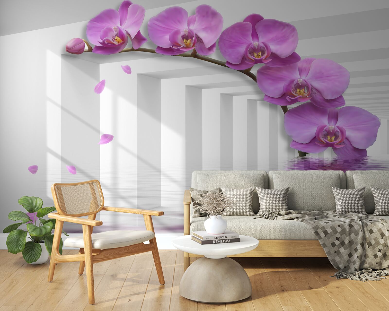 Fototapeta orgovánová orchidea na konári obklopená bielymi oblúkmi