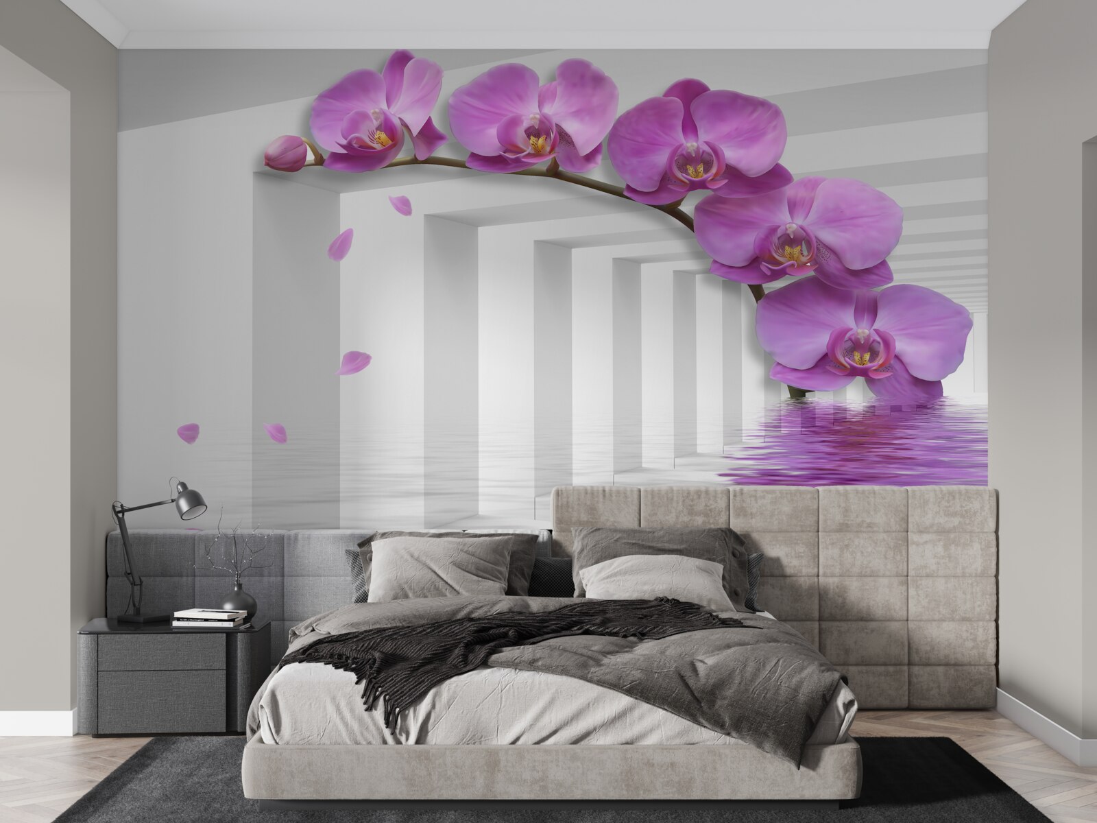 Fototapeta orgovánová orchidea na konári obklopená bielymi oblúkmi