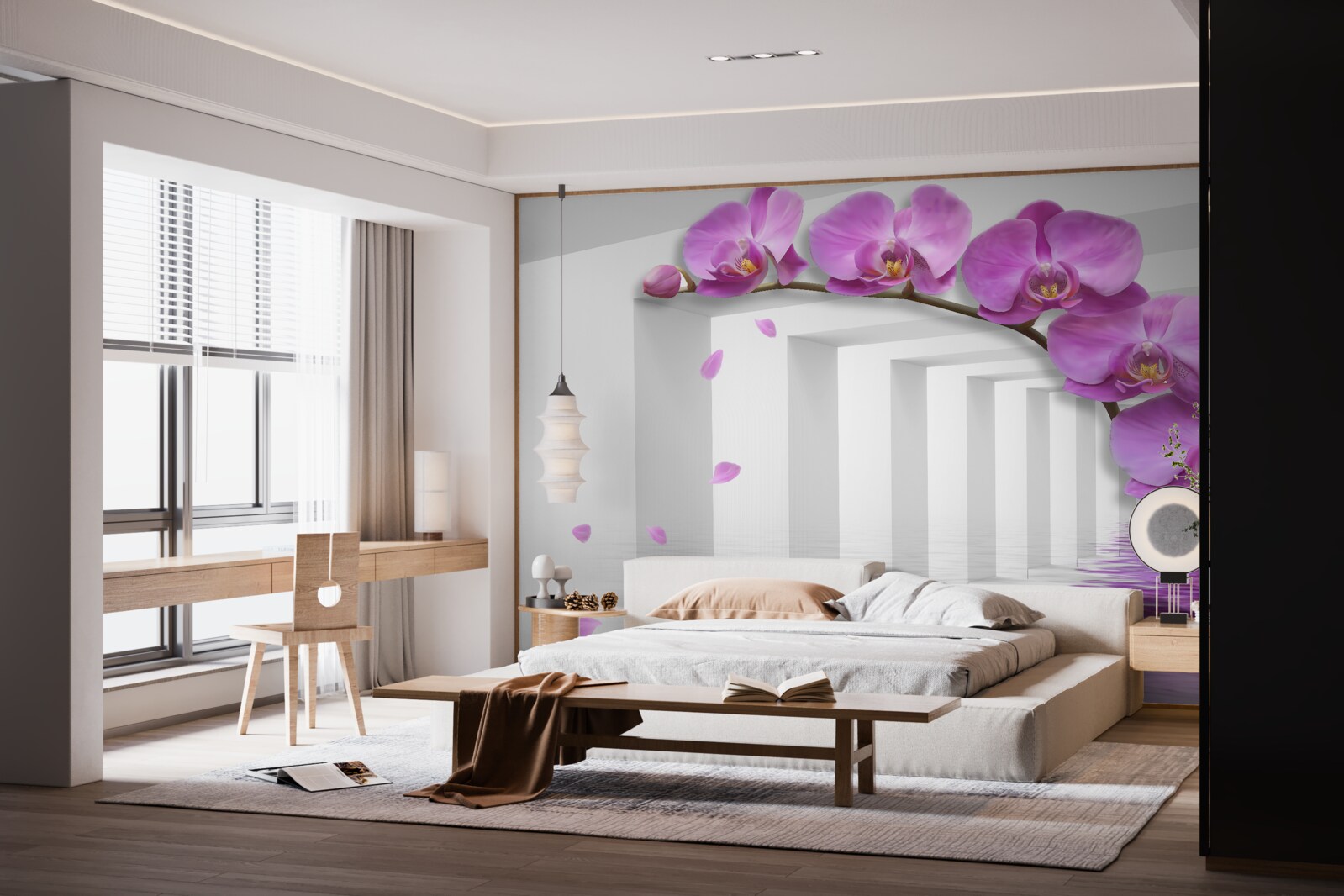 Fototapeta orgovánová orchidea na konári obklopená bielymi oblúkmi