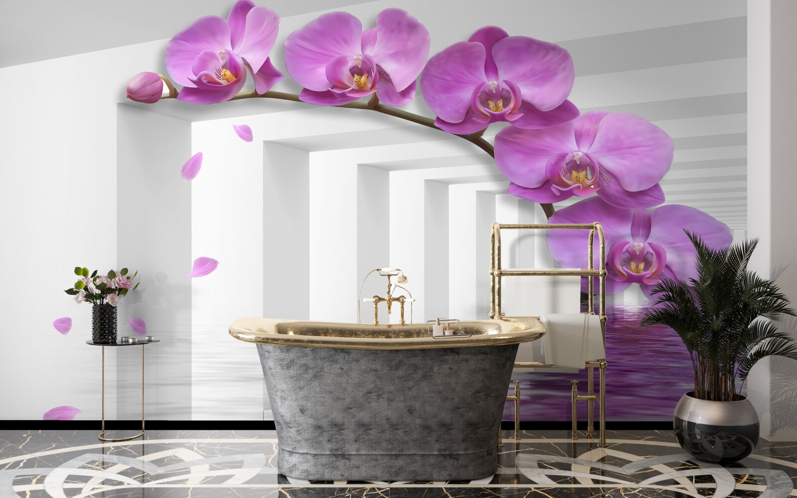 Fototapeta orgovánová orchidea na konári obklopená bielymi oblúkmi