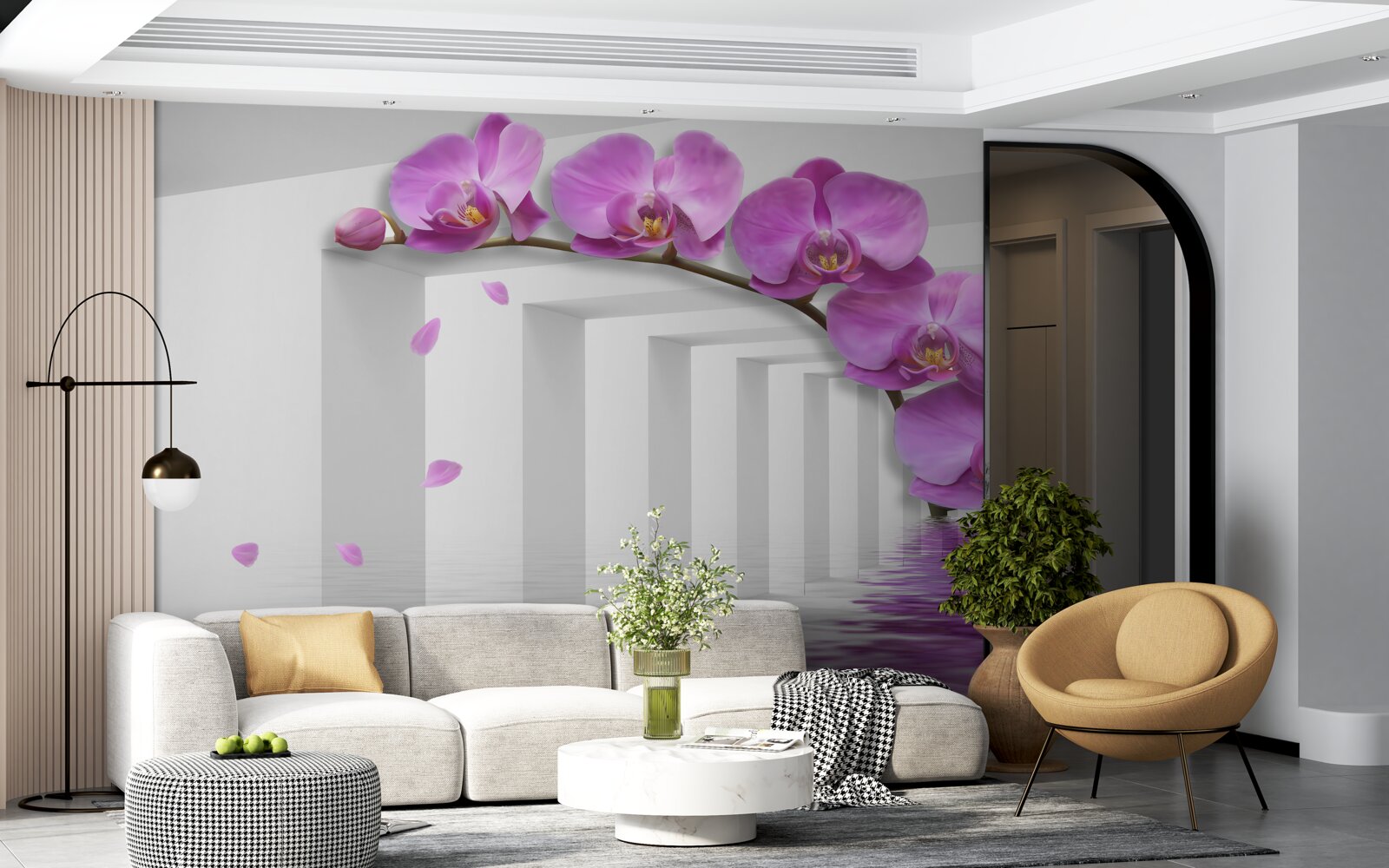 Fototapeta orgovánová orchidea na konári obklopená bielymi oblúkmi