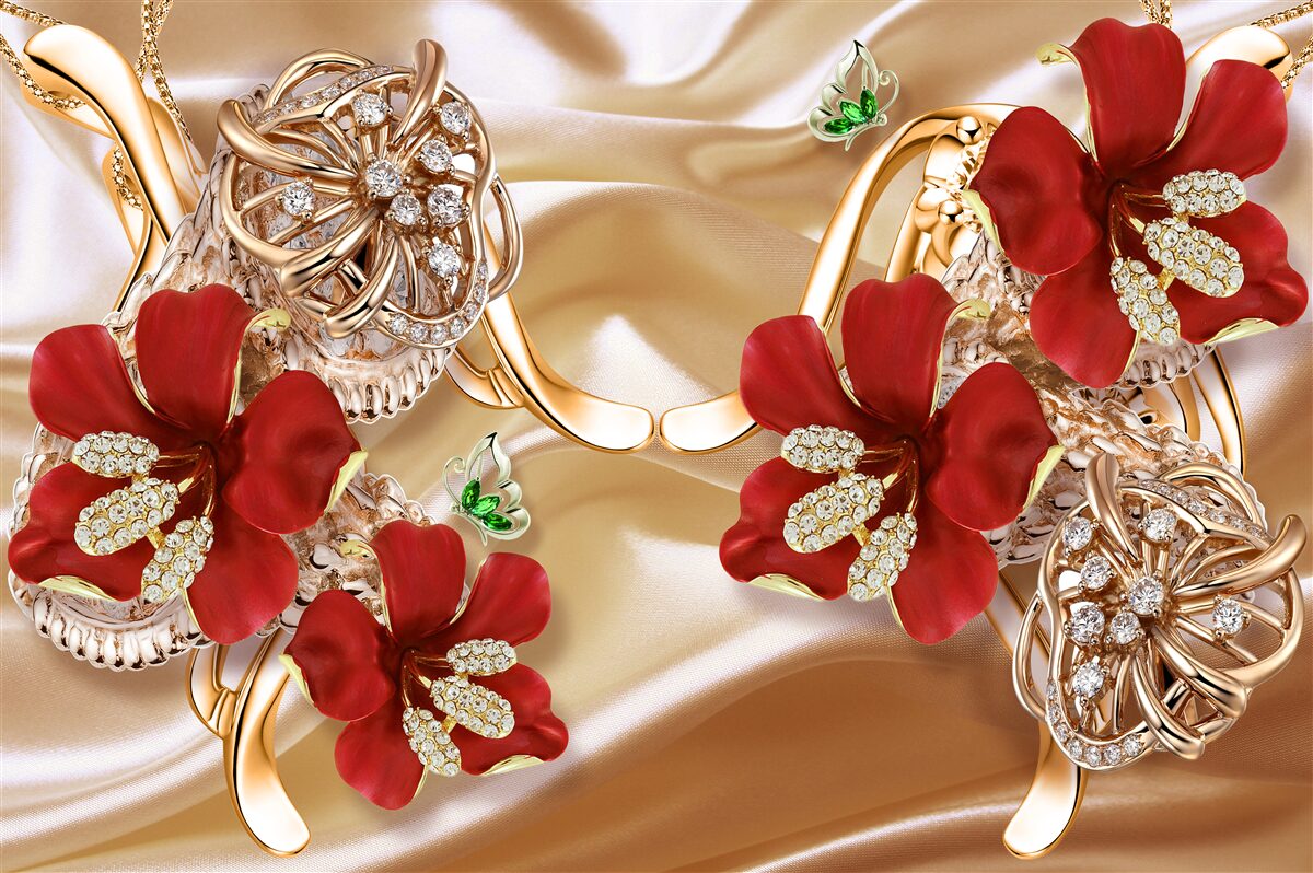 Fototapeta červené púčiky zdobené ozdobnými prvkami na zlatom hodvábe