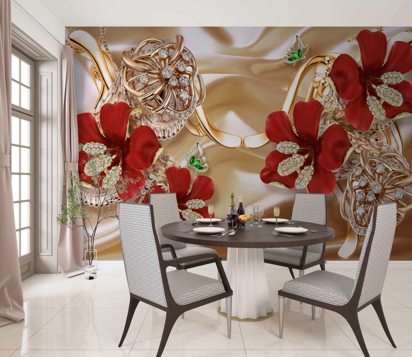 Fototapeta červené púčiky zdobené ozdobnými prvkami na zlatom hodvábe